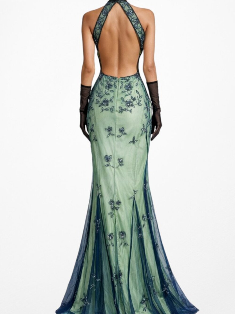 Vintage Y2K 90s Green Floral Halter Beaded Mesh Bodycon Maxi Prom Dress Size S - Picture 4 of 14